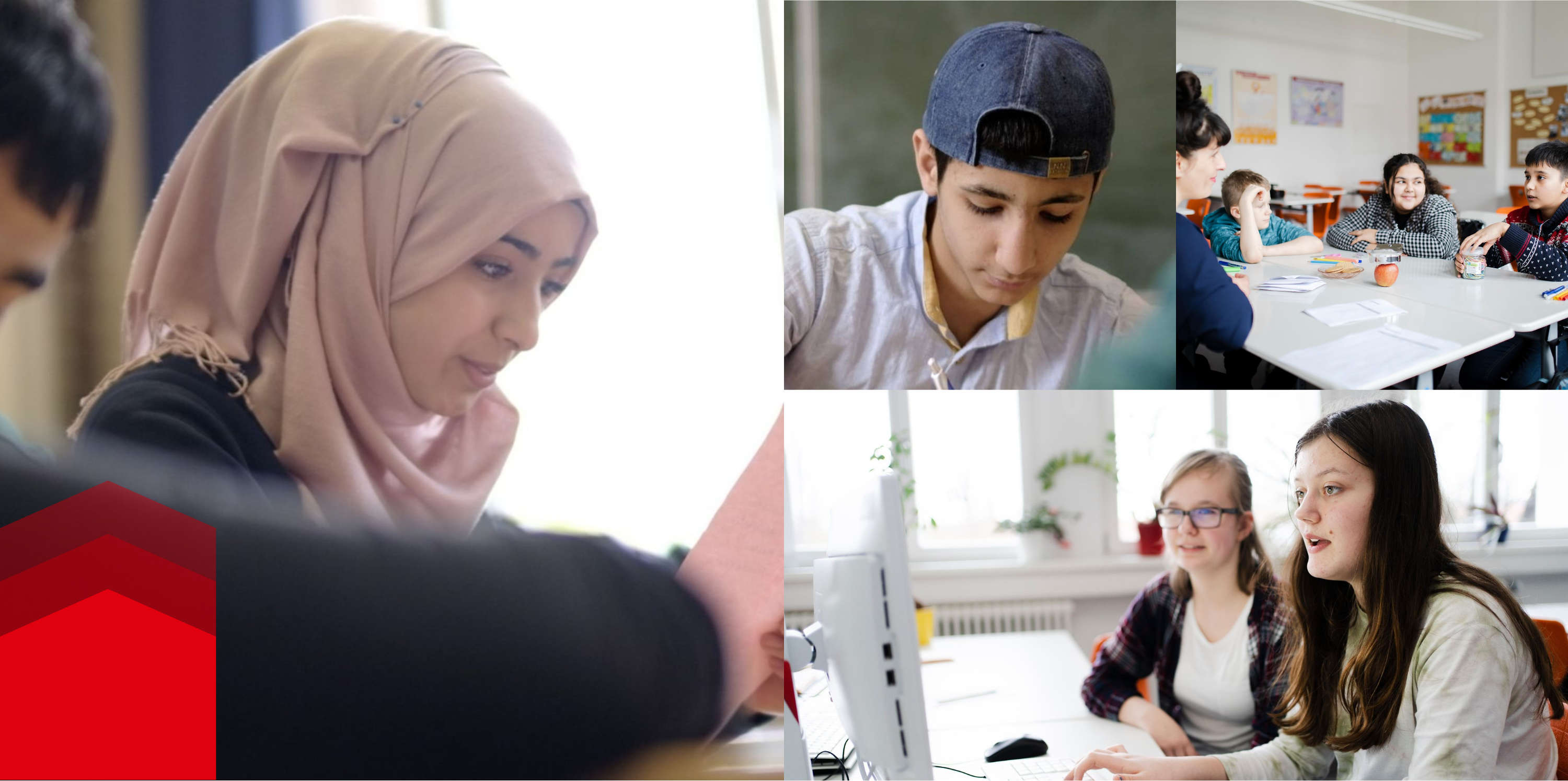 Collage of pictures with children from different nations at school