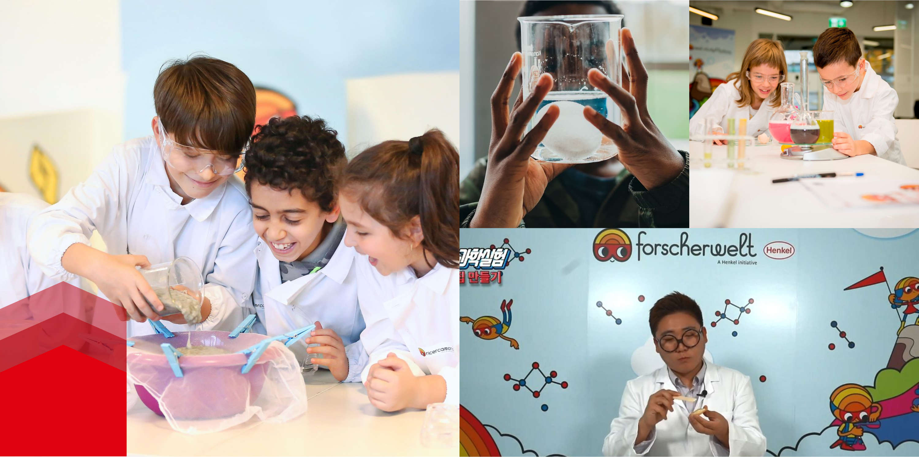 Collage of pictures of children experimenting at “Forscherwelt”