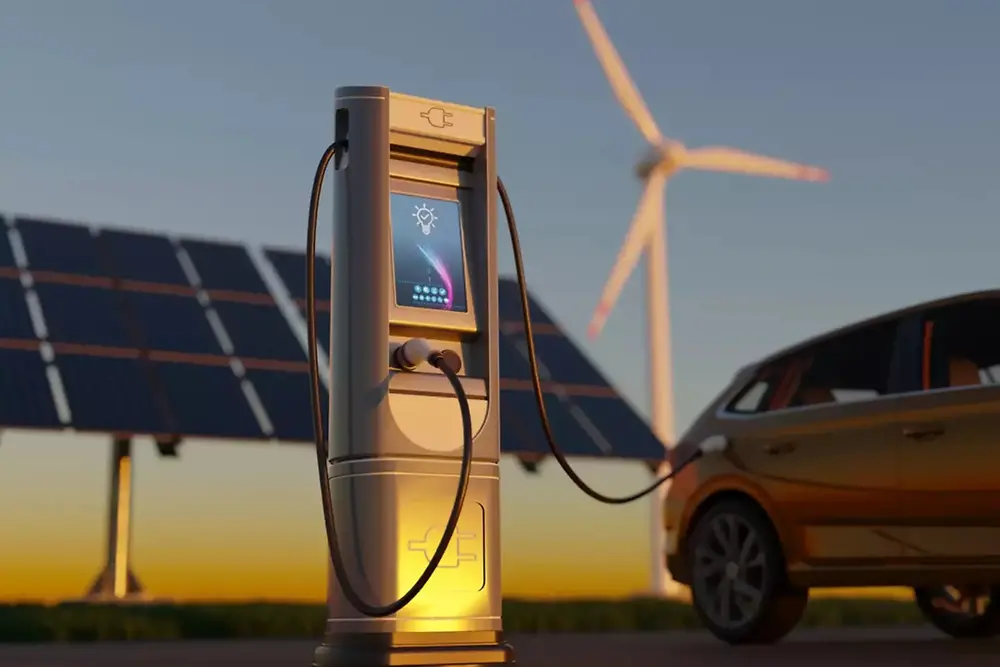charging station for electric vehicles in front of solar panels and wind turbine