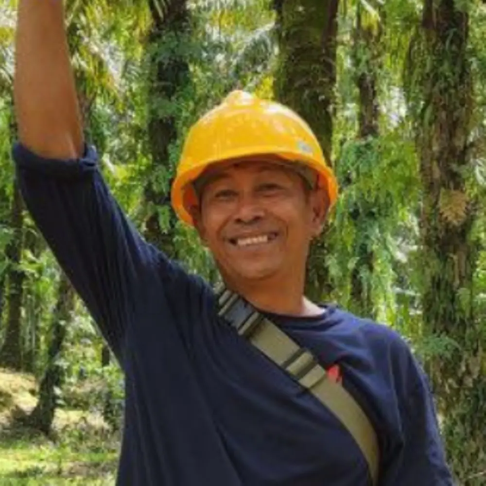 Smallholder palm oil farmer Rafael smiles into the camera while standing between palm trees with one arm raised upwards wearing a yellow helmet.