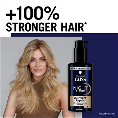 
The HAPTIQ system in the Gliss Night Elixir strengthens the inner hair structure and reinforces the resistance and elasticity of the hair fiber.