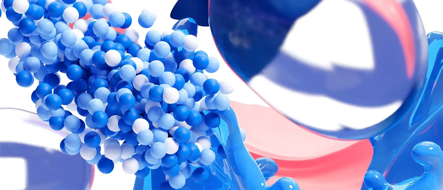 A CGI image of different round elements in shades of blue and white, symbolizing liquid detergent and powder detergent.