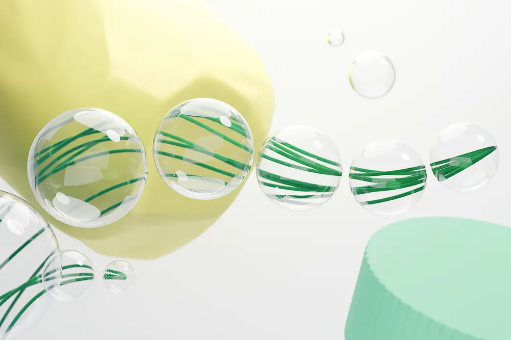 A CGI image of different elements symbolizing sustainability and water.