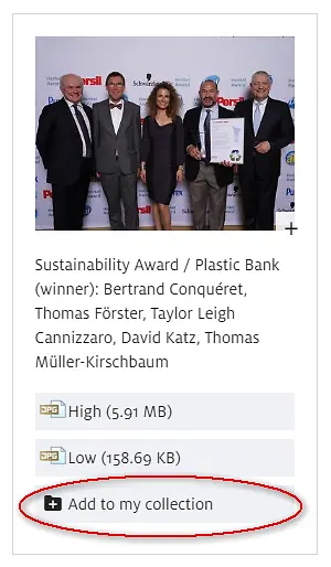 To add single downloads, images, videos and contacts to your personal collection, directly click on the